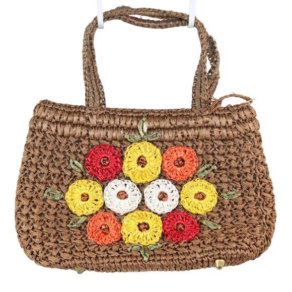 ADG Handbags - Vintage 1970's Raffia Straw Crochet Floral Embellishments Double Handled Purse